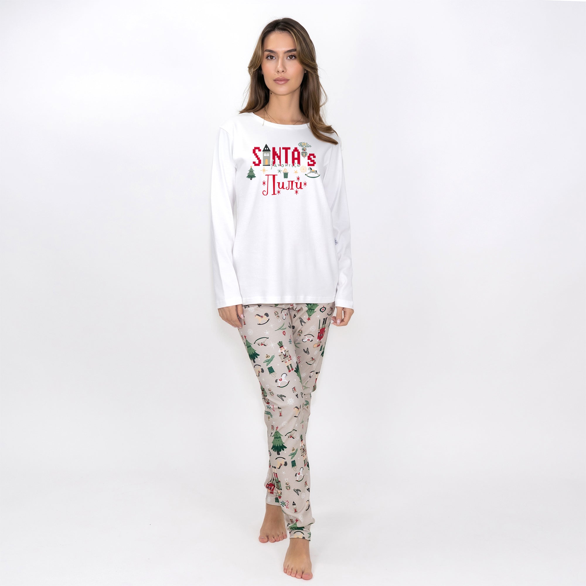 Pijamale personalizate de Crăciun pentru femei - Favoritul lui Moș Crăciun /ecru/